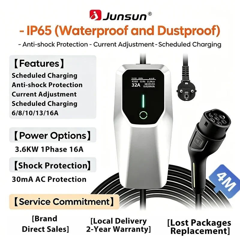 Junsun Portable EV Charger 3 6KW 7KW 11KW 22KW IP65 Waterproof Type 2 Charging Cable 6 8 10 13 16 20 24 32A Adjustable Current Scheduled Charging Delay Timer Touch Button Control 2 Year Warranty for EU Stock Electric Car
