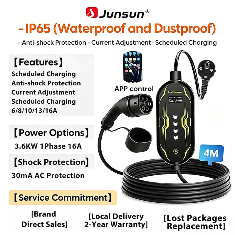 Junsun Type 2 App control Portable EV Charger 6 8 10 13 16 20 24 32A Current Adjustable IP65 Waterproof 3 6KW 7KW Compatible Scheduled Charging Function Touch Button Control Panel 2 Year Warranty for EU Plug Electric Car Hybrid