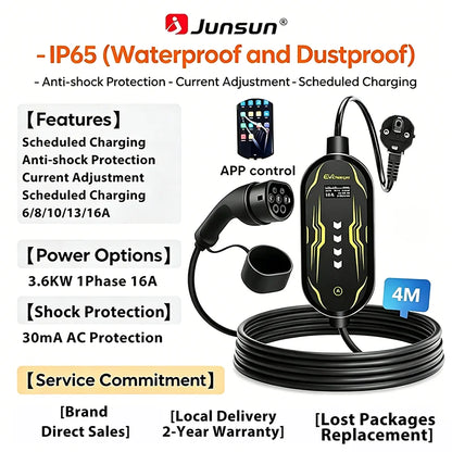 Junsun Type 2 App control Portable EV Charger 6 8 10 13 16 20 24 32A Current Adjustable IP65 Waterproof 3 6KW 7KW Compatible Scheduled Charging Function Touch Button Control Panel 2 Year Warranty for EU Plug Electric Car Hybrid