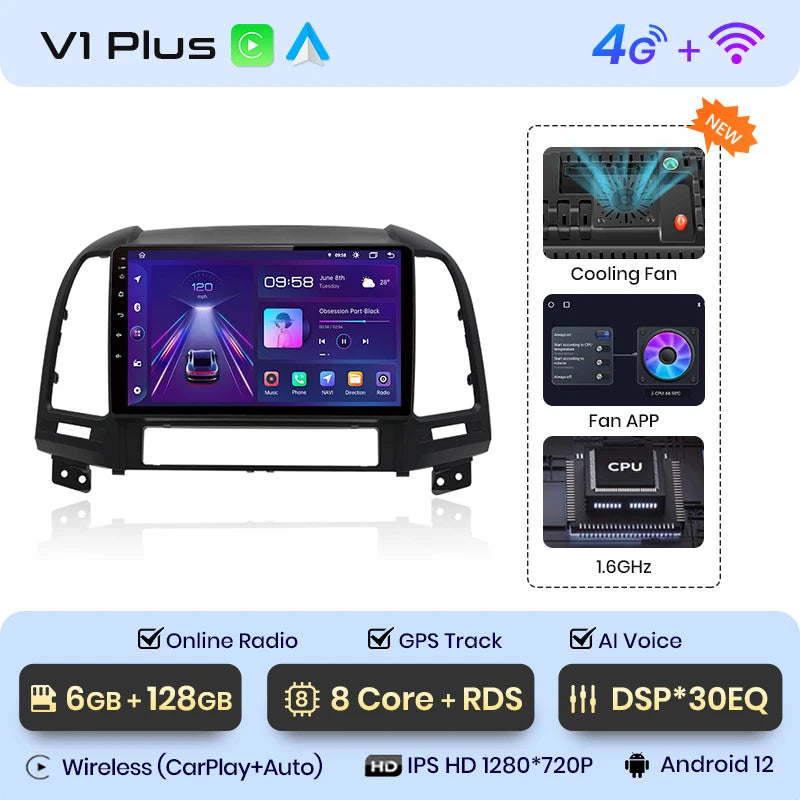 Junsun V1pro AI Voice 2 din Android Auto Radio For Hyundai Santa Fe 2 2006-2012 Carplay 4G Car Multimedia GPS 2din autoradio