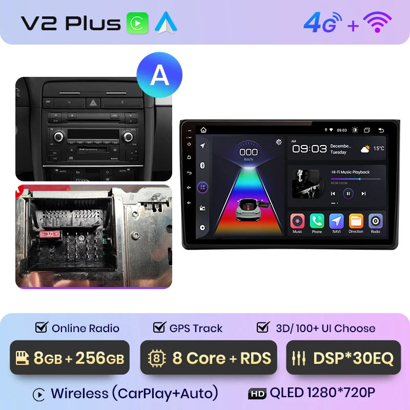 Junsun V1 AI Voice Wireless CarPlay Android Auto Radio For Audi A4 B6 2000-2009 Car Multimedia GPS 2din autoradio
