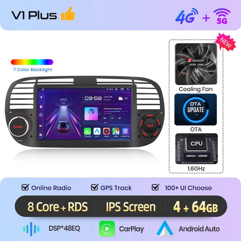 Junsun Wireless CarPlay Car Radio for Fiat 500 2007 2008 2009 2010-2015 Android Multimedia