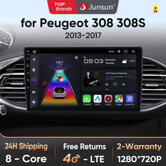 Junsun Car Radio For Peugeot 308 308S 2013 - 2017 wireless CarPlay Android Auto car intelligent systems No 2 din 2din DVD