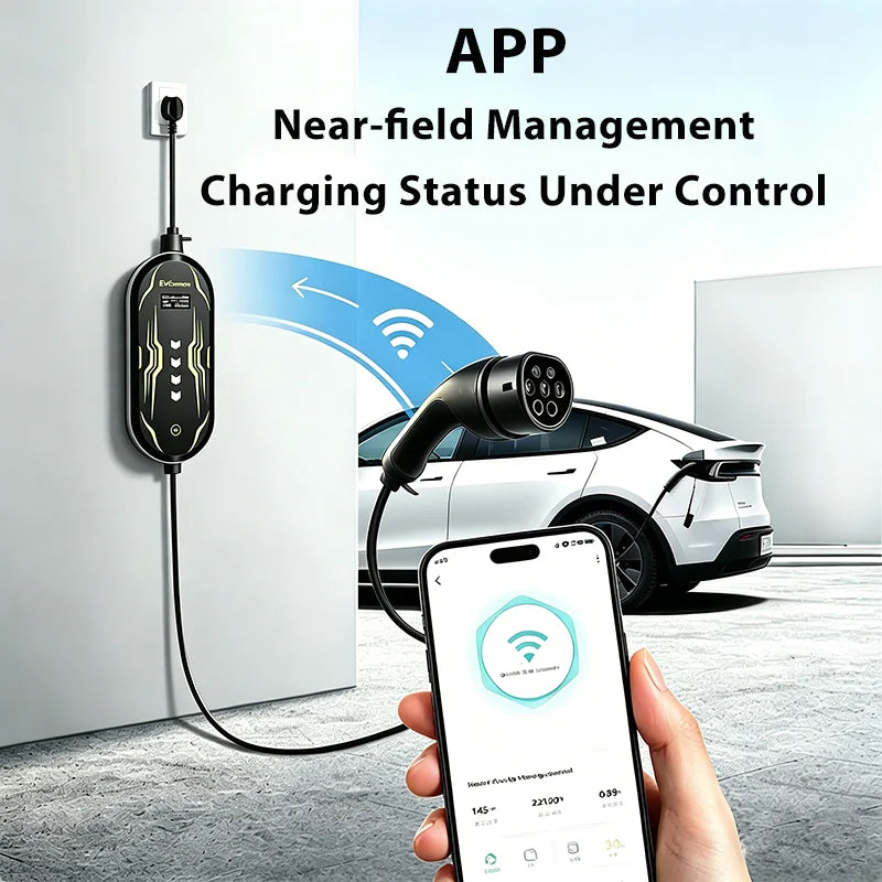 Junsun Type 2 App control Portable EV Charger 6 8 10 13 16 20 24 32A Current Adjustable IP65 Waterproof 3 6KW 7KW Compatible Scheduled Charging Function Touch Button Control Panel 2 Year Warranty for EU Plug Electric Car Hybrid