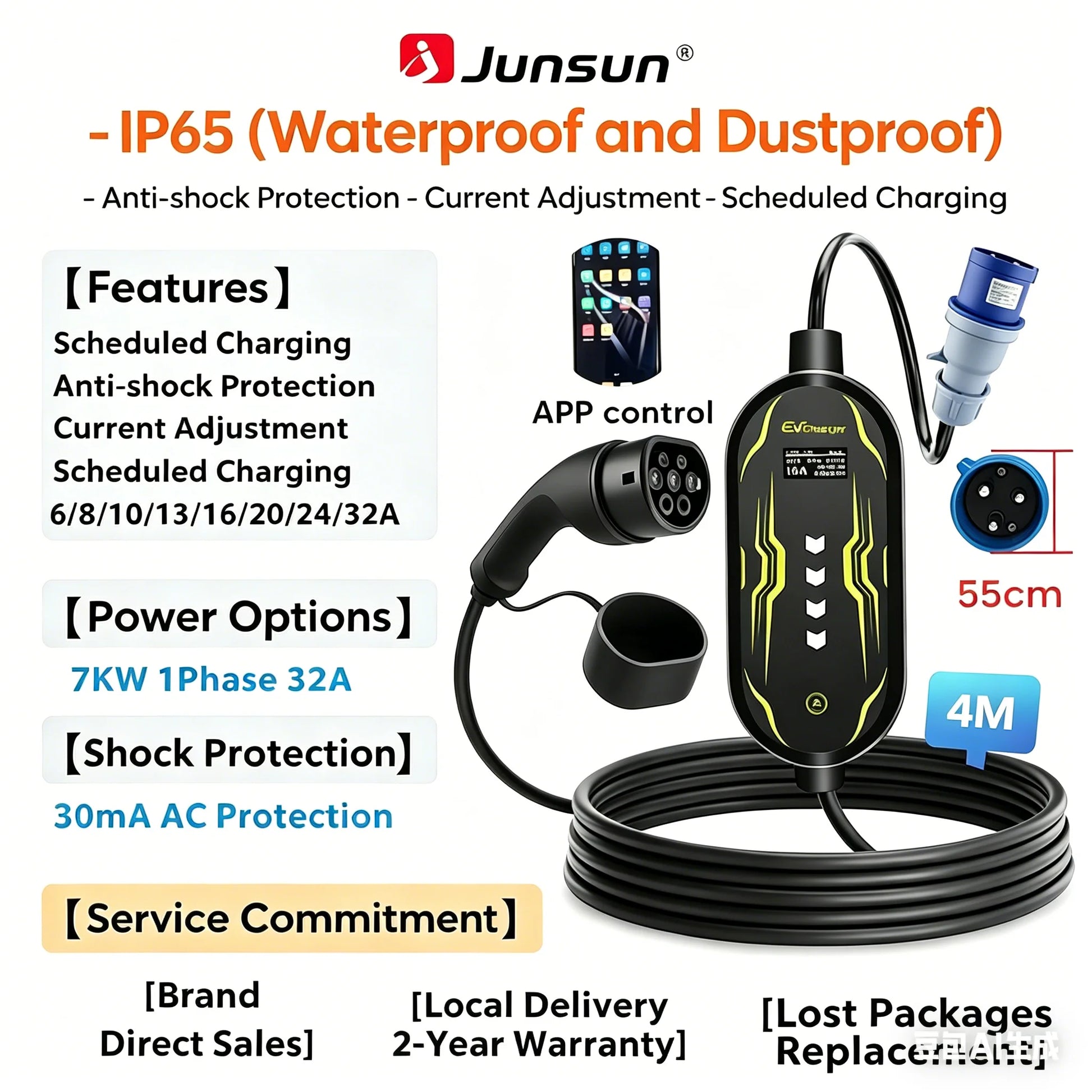 Junsun Type 2 App control Portable EV Charger 6 8 10 13 16 20 24 32A Current Adjustable IP65 Waterproof 3 6KW 7KW Compatible Scheduled Charging Function Touch Button Control Panel 2 Year Warranty for EU Plug Electric Car Hybrid