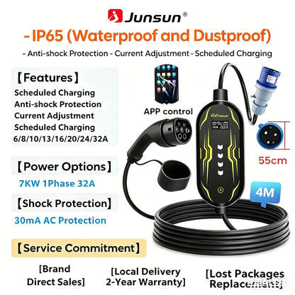 Junsun Type 2 App control Portable EV Charger 6 8 10 13 16 20 24 32A Current Adjustable IP65 Waterproof 3 6KW 7KW Compatible Scheduled Charging Function Touch Button Control Panel 2 Year Warranty for EU Plug Electric Car Hybrid