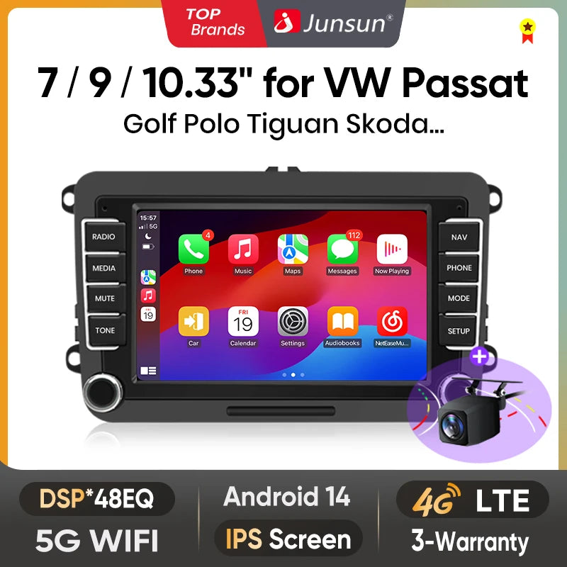 Junsun 2Din Wireless CarPlay for Apple Android Auto Car Radio Multimedia Player For VW Volkswagen Skoda Octavia PASSAT B6 GOLF