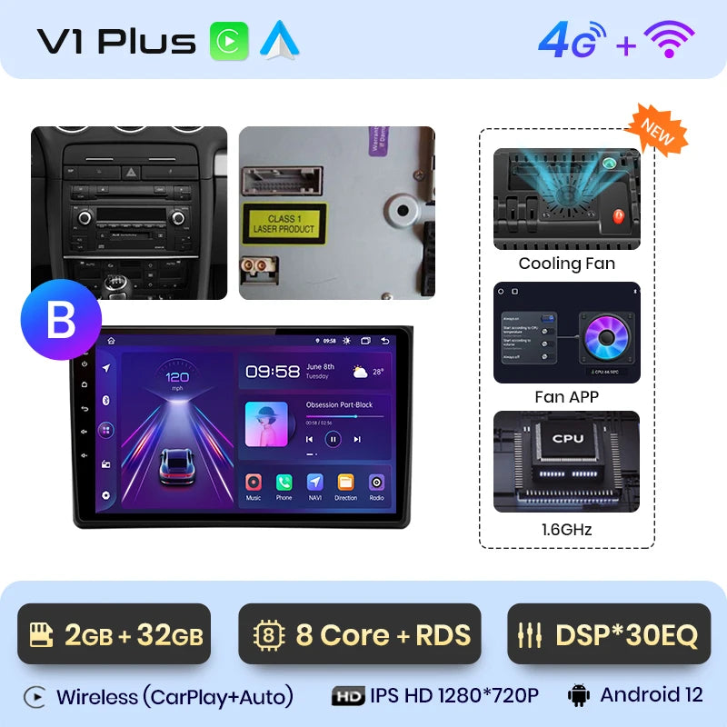 Junsun V1 AI Voice Wireless CarPlay Android Auto Radio For Audi A4 B6 2000-2009 Car Multimedia GPS 2din autoradio