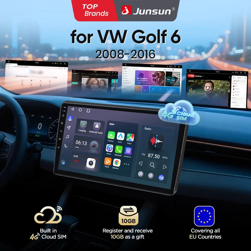 Junsun eSIM Android 14 Wireless CarPlay Android Auto Radio For VW Golf 6 2008-2016 RDS 4G WiFi GPS 2din BT auto accessories