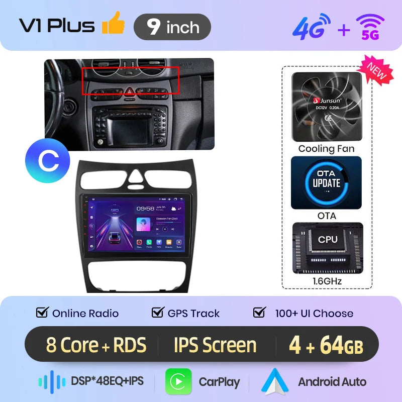 Junsun Wireless CarPlay Car Radio For Benz C Class CLK Class W203 W209 2000-2005 Android Multimedia