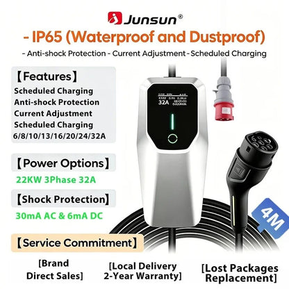 Junsun Portable EV Charger 3 6KW 7KW 11KW 22KW IP65 Waterproof Type 2 Charging Cable 6 8 10 13 16 20 24 32A Adjustable Current Scheduled Charging Delay Timer Touch Button Control 2 Year Warranty for EU Stock Electric Car