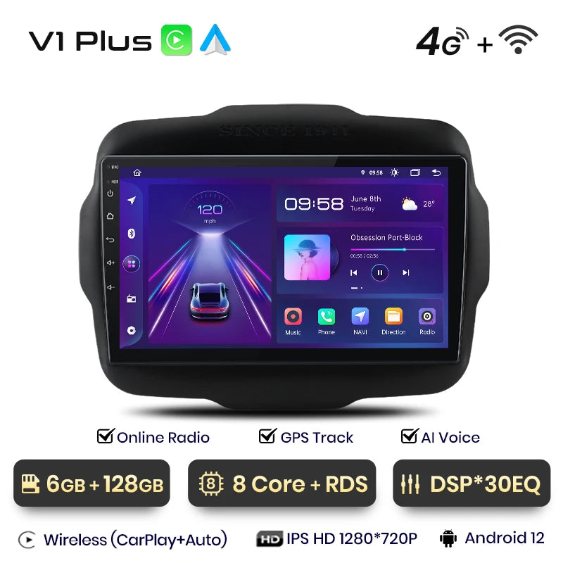 Junsun V1 AI Voice Wireless CarPlay Android Auto Radio For Jeep Renegade 2016-2020 4G Car Multimedia GPS 2din autoradio