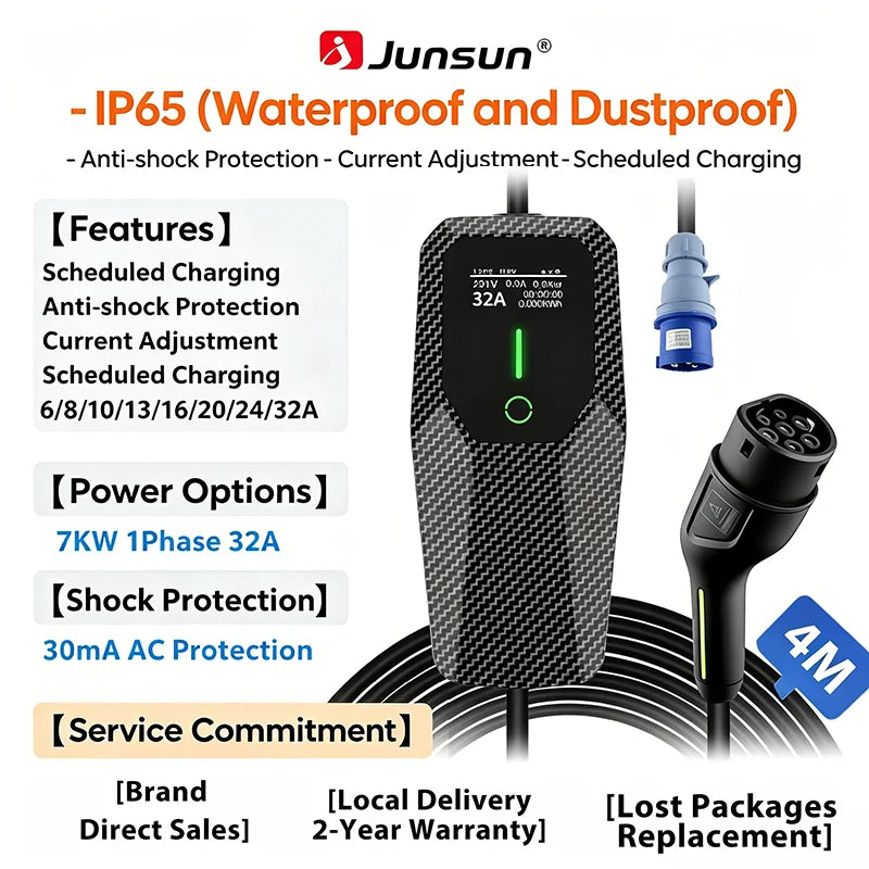 Junsun Type 2 Portable EV Charger 6A 8A 10A 13A 16A 20A 24A 32A Current Adjustable IP65 1 & 3 Phase Waterproof 3 6KW 7KW 11KW 22KW Compatible Scheduled Charging Function Touch Button Control Panel 2 Year Warranty for EU Plug Electric Car Hybrid