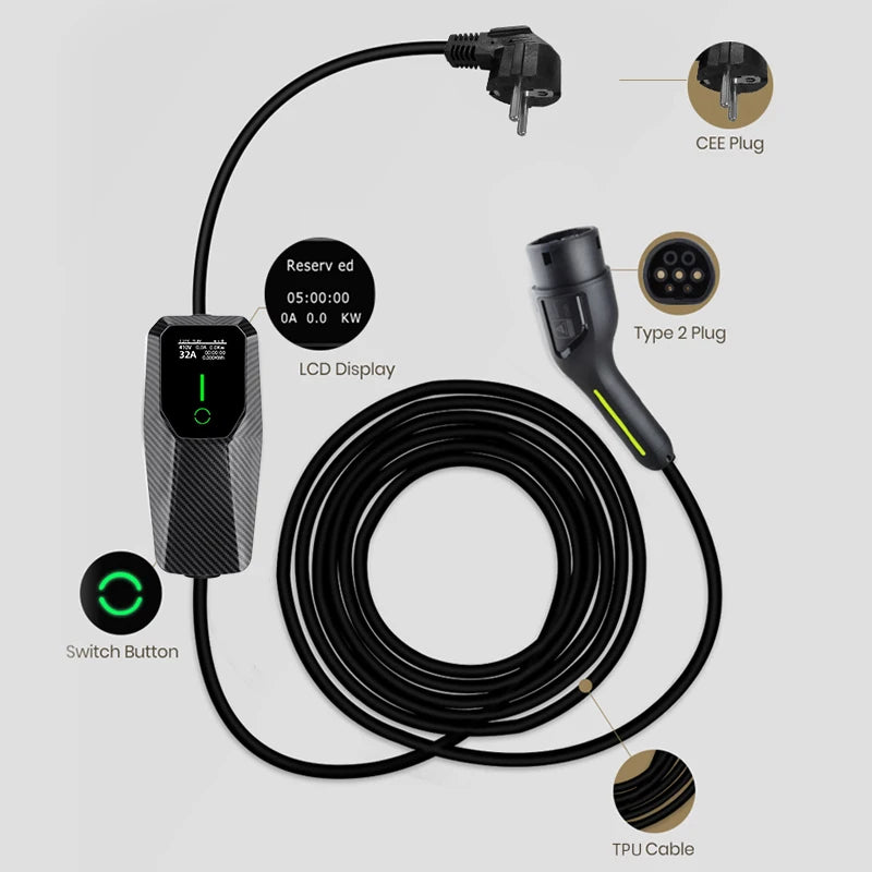 Junsun Type 2 Portable EV Charger 6A 8A 10A 13A 16A 20A 24A 32A Current Adjustable IP65 1 & 3 Phase Waterproof 3 6KW 7KW 11KW 22KW Compatible Scheduled Charging Function Touch Button Control Panel 2 Year Warranty for EU Plug Electric Car Hybrid