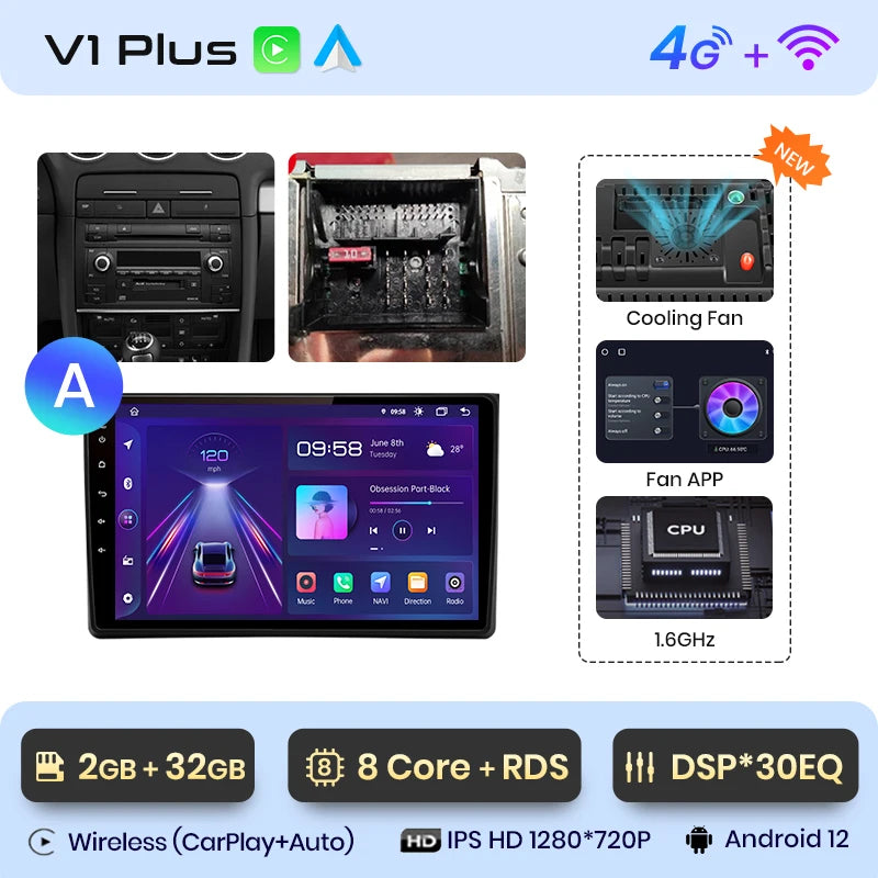 Junsun V1 AI Voice Wireless CarPlay Android Auto Radio For Audi A4 B6 2000-2009 Car Multimedia GPS 2din autoradio