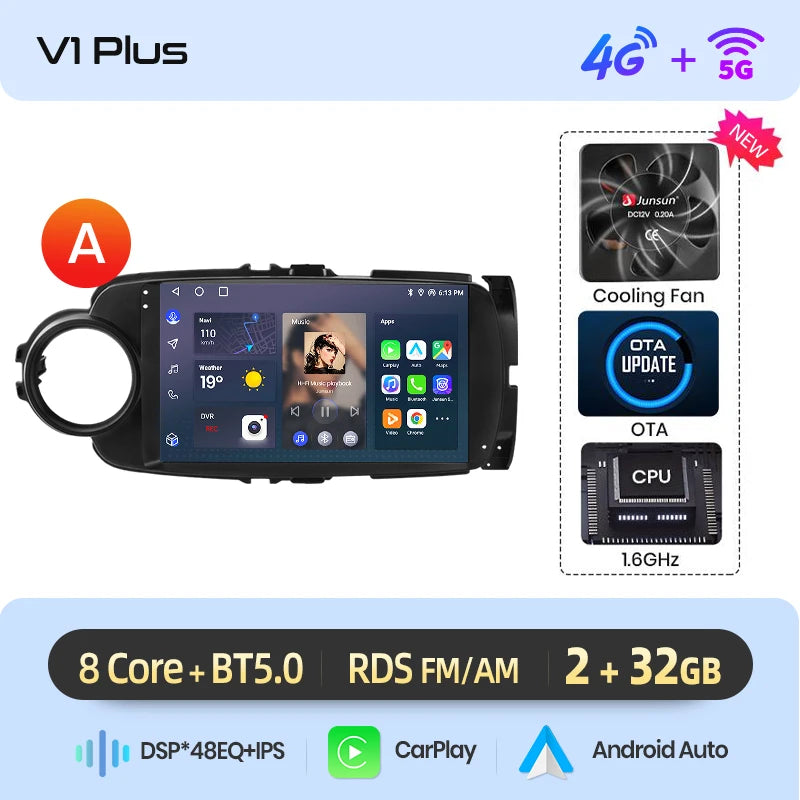 Junsun AI voice 4G LTE wireless CarPlay Android Auto Radio For Toyota Yaris 2012 2013 20014 2015-2017 Car Intelligent Systems Multimedia player Stereo RDS BT 2 din autoradio GPS Navi screen