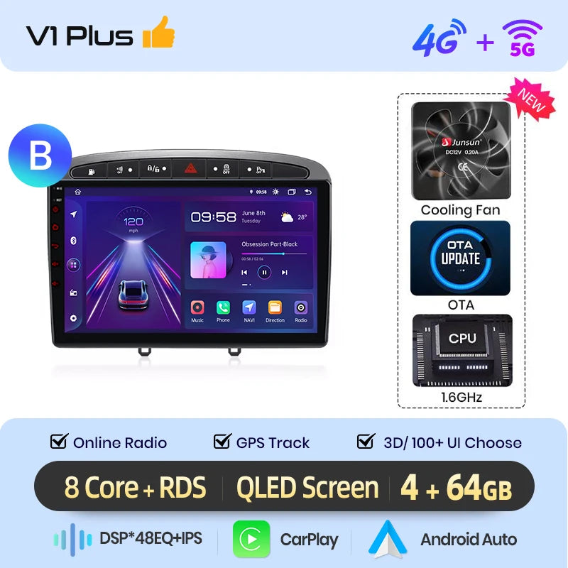 Junsun Android Wireless CarPlay Auto Car Radio For Peugeot 308 308SW 408 2012-2020 Car Intelligent Systems DSP SWC RDS GPS FM BT