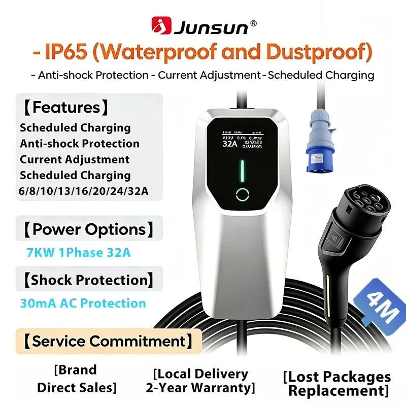 Junsun Portable EV Charger 3 6KW 7KW 11KW 22KW IP65 Waterproof Type 2 Charging Cable 6 8 10 13 16 20 24 32A Adjustable Current Scheduled Charging Delay Timer Touch Button Control 2 Year Warranty for EU Stock Electric Car