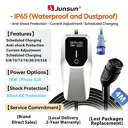 Junsun Portable EV Charger 3 6KW 7KW 11KW 22KW IP65 Waterproof Type 2 Charging Cable 6 8 10 13 16 20 24 32A Adjustable Current Scheduled Charging Delay Timer Touch Button Control 2 Year Warranty for EU Stock Electric Car