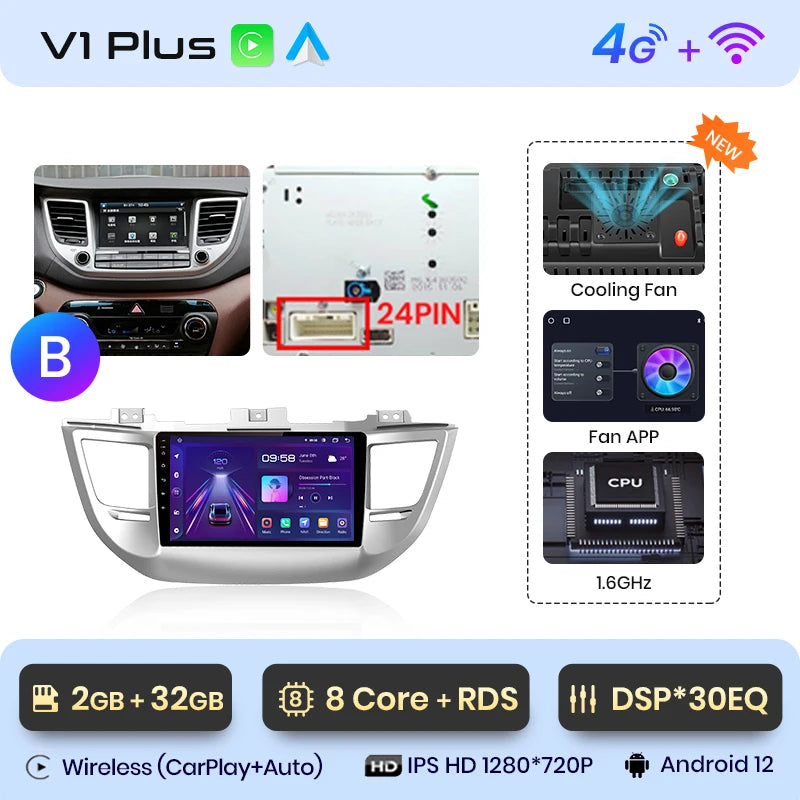 Junsun V1pro Wireless CarPlay Android Auto Radio For Hyundai IX35 Tucson 3 2015-2018 4G Car Multimedia GPS 2din autoradio