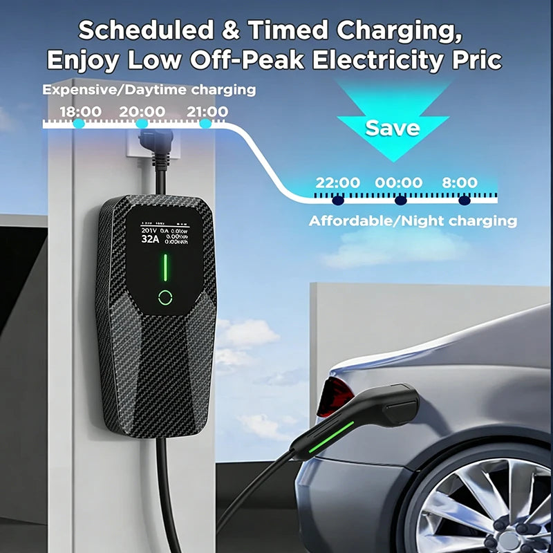 Junsun Type 2 Portable EV Charger 6A 8A 10A 13A 16A 20A 24A 32A Current Adjustable IP65 1 & 3 Phase Waterproof 3 6KW 7KW 11KW 22KW Compatible Scheduled Charging Function Touch Button Control Panel 2 Year Warranty for EU Plug Electric Car Hybrid