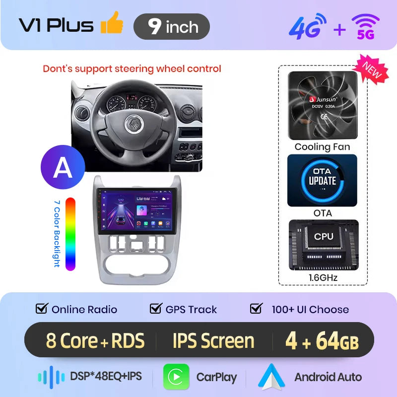 Junsun Android Auto Car Radio For Renault Logan 1 Sandero 2009 2010 2011-2013 Multimedia Wireless CarPlay SWC GPS Navi RDS DSP