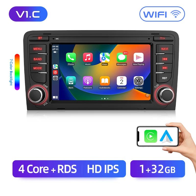 Junsun AI voice 4G LTE bezprzewodowy CarPlay Android Auto Radio dla Audi A3 8P 2003 2004 2005 2006 2007 - 2011 S3 RS3 Sportback Inteligentny system multimedialny Odbiornik stereo RDS BT 2 din autoradio GPS Navi ekran