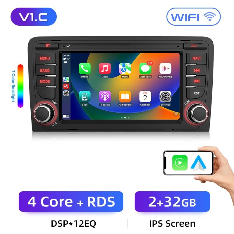 Junsun AI voice 4G LTE bezprzewodowy CarPlay Android Auto Radio dla Audi A3 8P 2003 2004 2005 2006 2007 - 2011 S3 RS3 Sportback Inteligentny system multimedialny Odbiornik stereo RDS BT 2 din autoradio GPS Navi ekran
