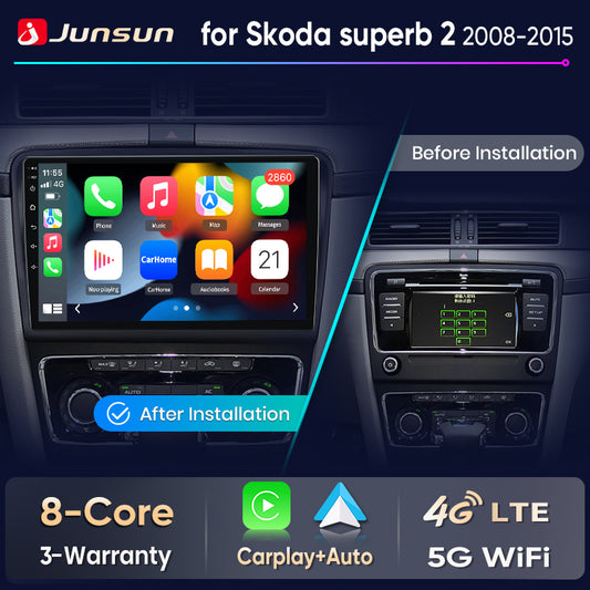 Junsun Wireless CarPlay Car Radio For Skoda Superb 2 2008 2009 2010 2011 2012 2013 2014 2015 Android Multimedia