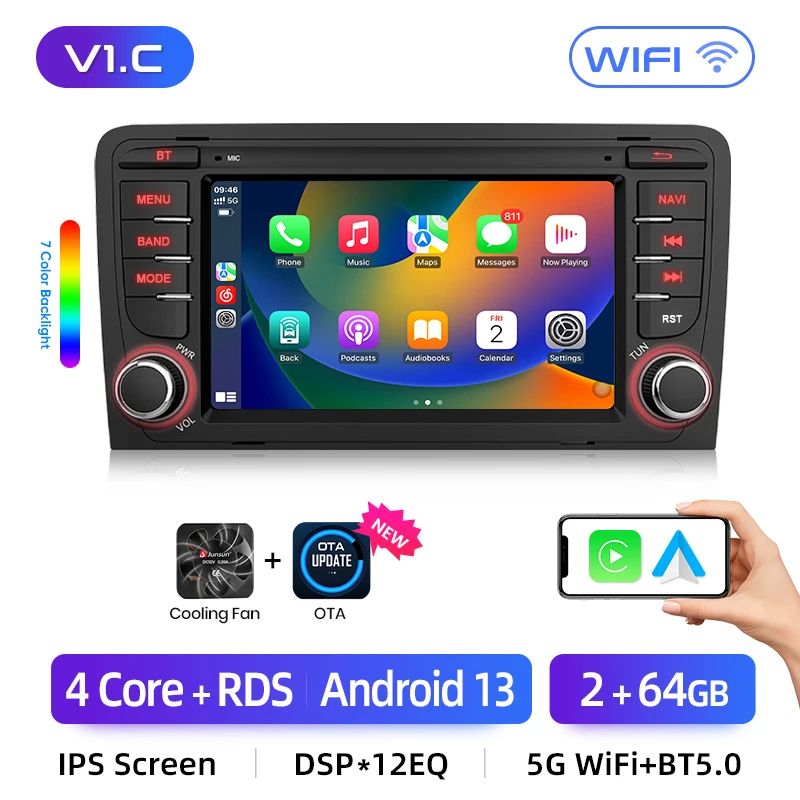 Junsun AI voice 4G LTE bezprzewodowy CarPlay Android Auto Radio dla Audi A3 8P 2003 2004 2005 2006 2007 - 2011 S3 RS3 Sportback Inteligentny system multimedialny Odbiornik stereo RDS BT 2 din autoradio GPS Navi ekran