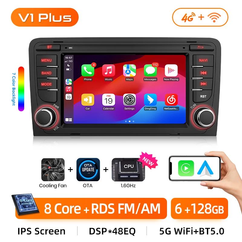 Junsun AI voice 4G LTE bezprzewodowy CarPlay Android Auto Radio dla Audi A3 8P 2003 2004 2005 2006 2007 - 2011 S3 RS3 Sportback Inteligentny system multimedialny Odbiornik stereo RDS BT 2 din autoradio GPS Navi ekran